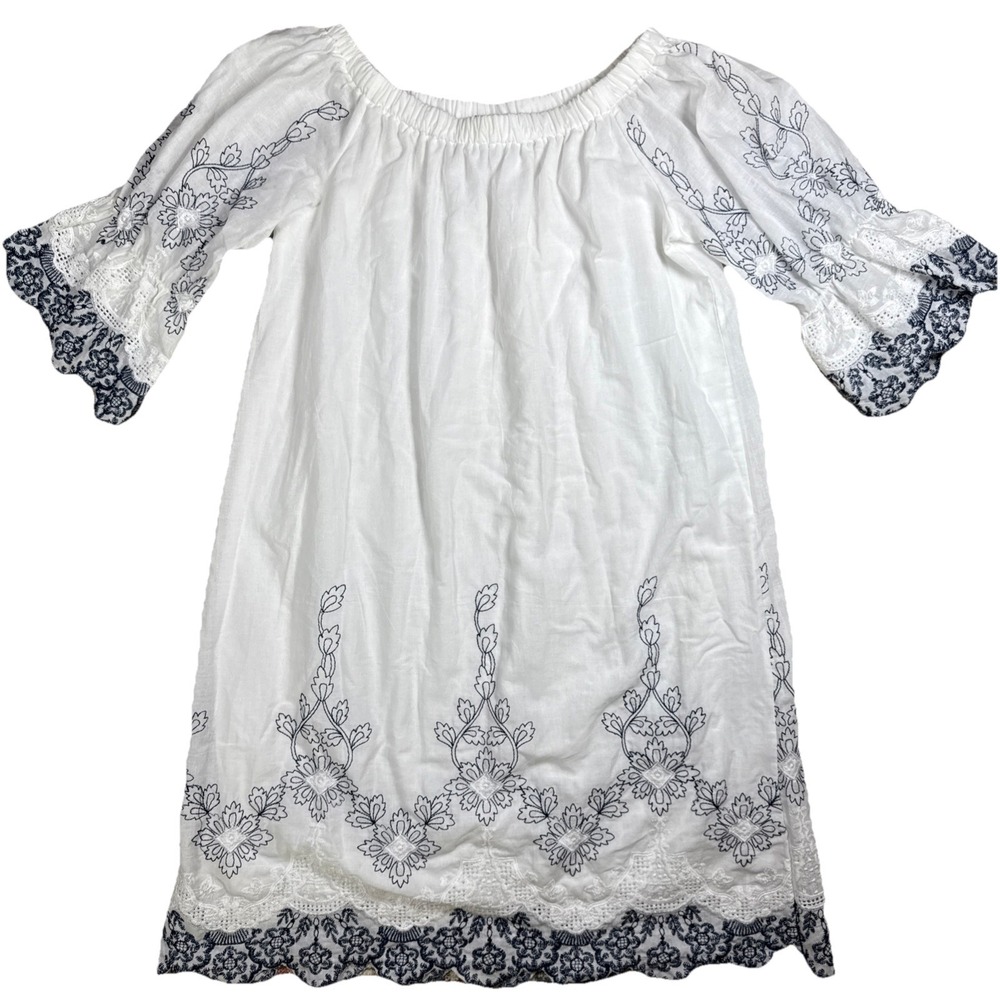 Ana & Rose White Dress Embroidered Short Sleeve Boho Lace Accent PM Womens Lined